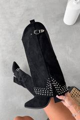 COUNTY Flared Cowboy Western Boots - Black Suede