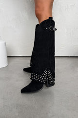 COUNTY Flared Cowboy Western Boots - Black Suede - 1