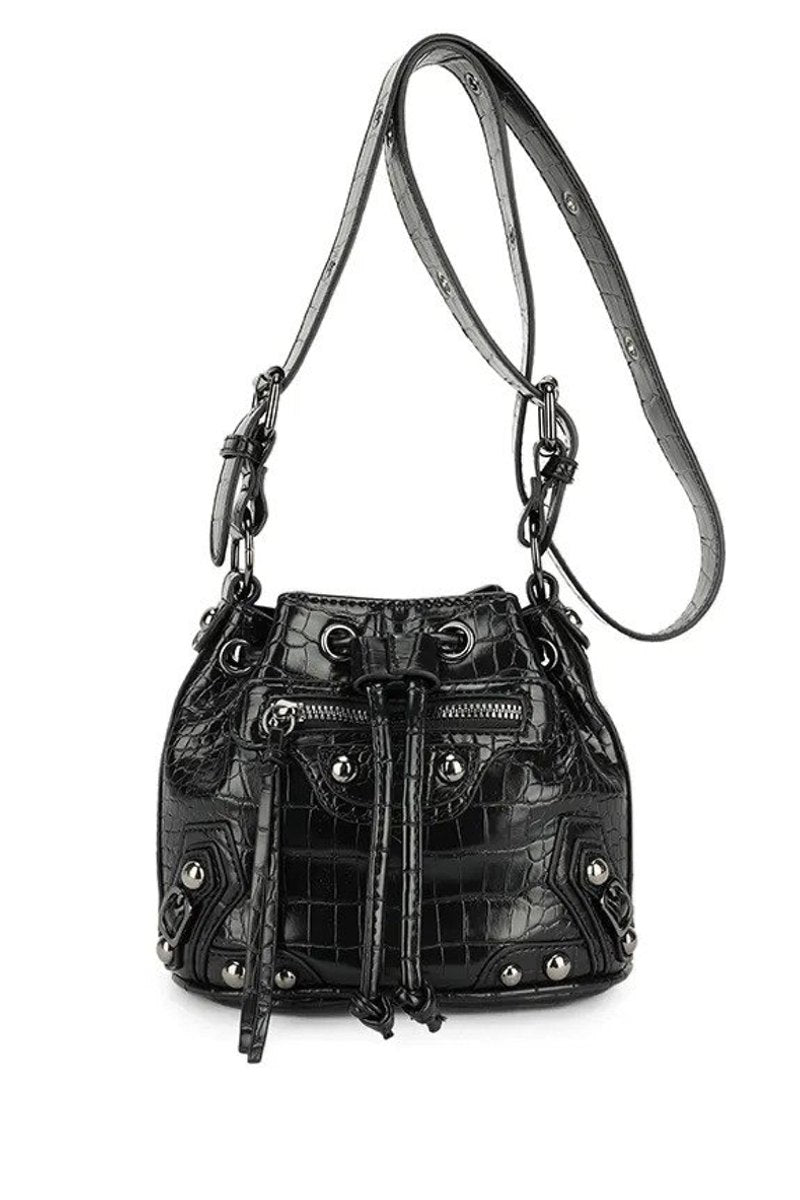 Cross Body Drawstring Studded Bag - Black