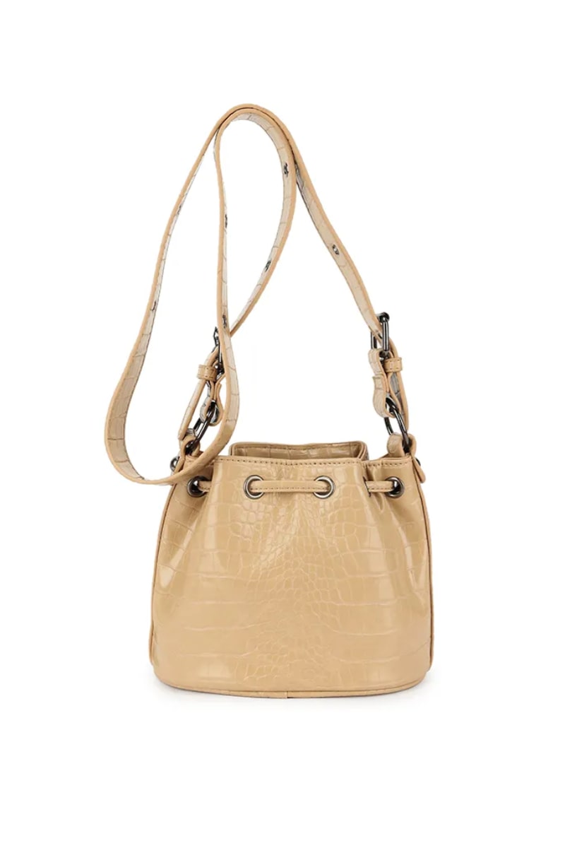 Cross Body Drawstring Studded Bag - Nude - 1