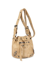 Cross Body Drawstring Studded Bag - Nude