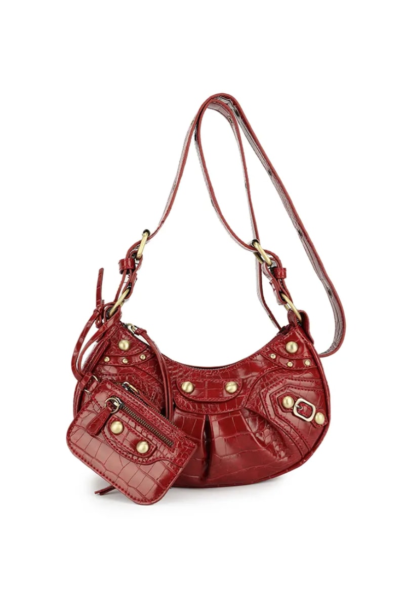 Cross Body Studded Bag - Burgundy Croc