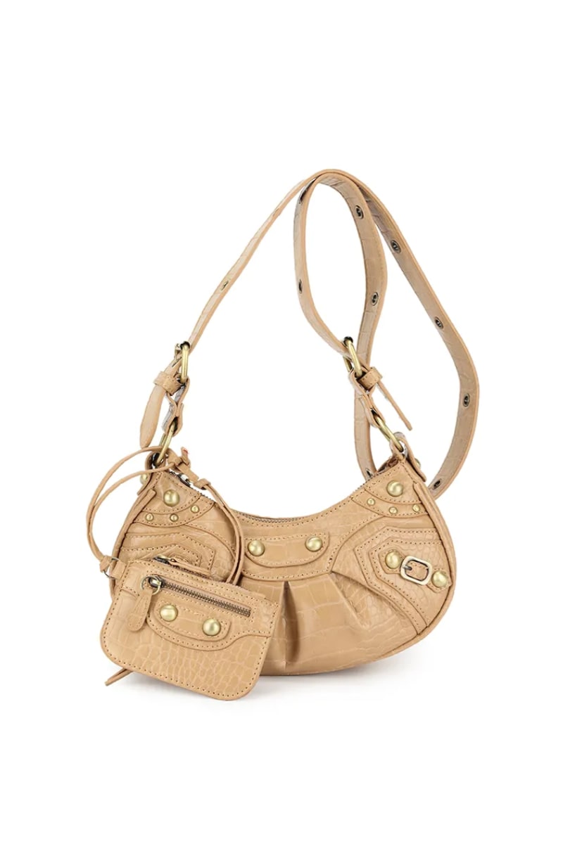 Cross Body Studded Bag - Nude Croc