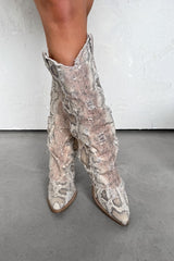 DANIELA Flared Snake Print Denim Cowboy Western Boots - Beige - 3
