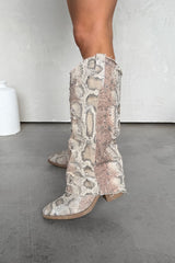 DANIELA Flared Snake Print Denim Cowboy Western Boots - Beige - 1