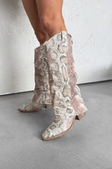 DANIELA Flared Snake Print Denim Cowboy Western Boots - Beige