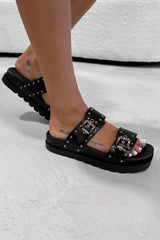 DARCIE Chunky Studded Buckle Sandals - Black - 3