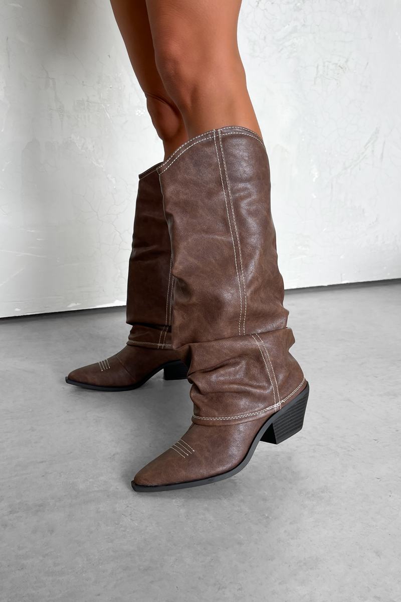 DENI Slouched Cowboy Western Boots - Brown PU - 3