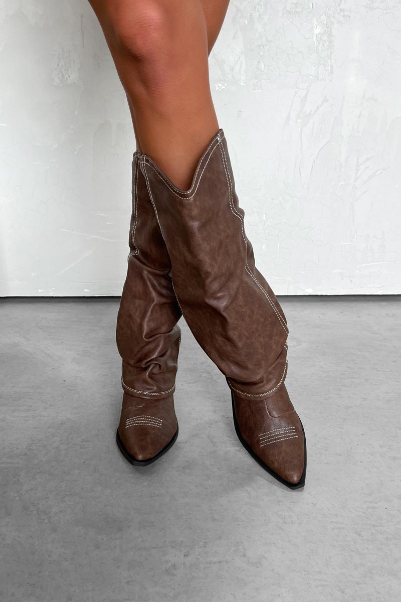 DENI Slouched Cowboy Western Boots - Brown PU - 1