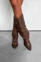 DENI Slouched Cowboy Western Boots - Brown PU - 1