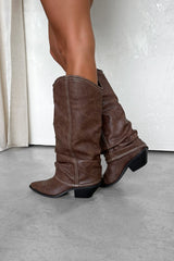 DENI Slouched Cowboy Western Boots - Brown PU - 2
