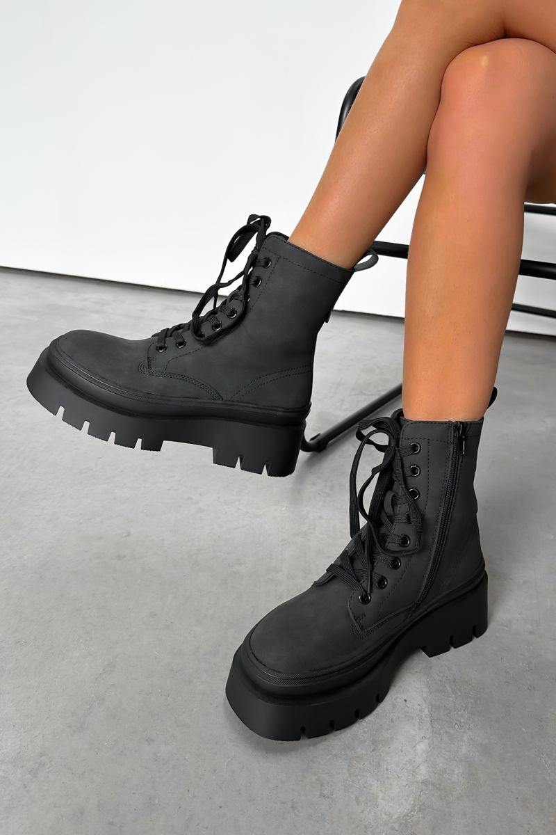 DENTON Chunky Platform Military Boots - Black Suede - 3