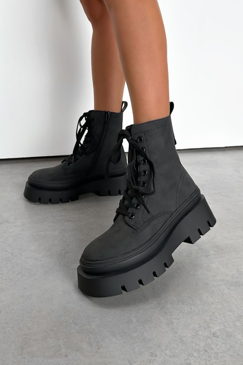 DENTON Chunky Platform Military Boots - Black Suede - 4