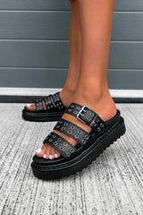 DEVIATE Platform Eyelet Slider Sandals - Black - 1