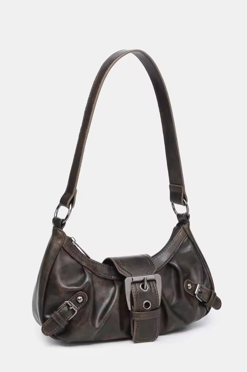 Distressed Buckle Detail Shoulder Bag - Brown - 1