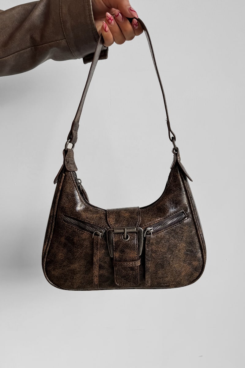 Distressed Buckle Detail Shoulder Bag - Brown