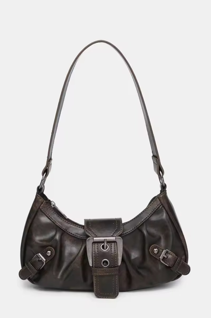 Distressed Buckle Detail Shoulder Bag - Brown