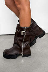 EDEN Flared Calf Chunky Zip Boots - Brown PU