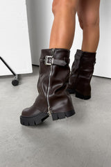 EDEN Flared Calf Chunky Zip Boots - Brown PU - 1