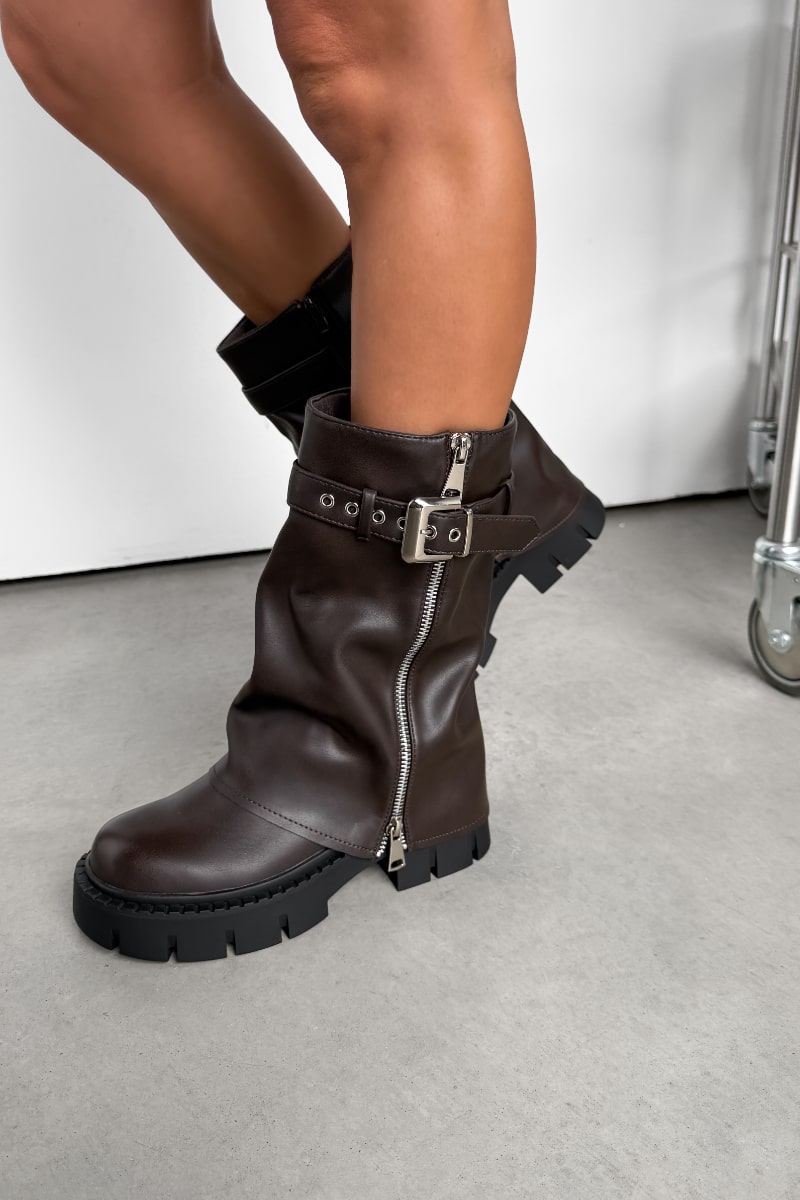 EDEN Flared Calf Chunky Zip Boots - Brown PU - 3