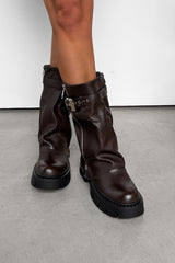 EDEN Flared Calf Chunky Zip Boots - Brown PU - 2