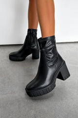 ELLI Chunky Sock Fit Heeled Boots - Black PU - 3