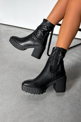 ELLI Chunky Sock Fit Heeled Boots - Black PU - 1
