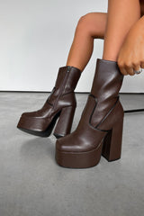 ENYA Platform Heeled Boots - Chocolate PU - 3