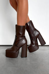 ENYA Platform Heeled Boots - Chocolate PU - 1