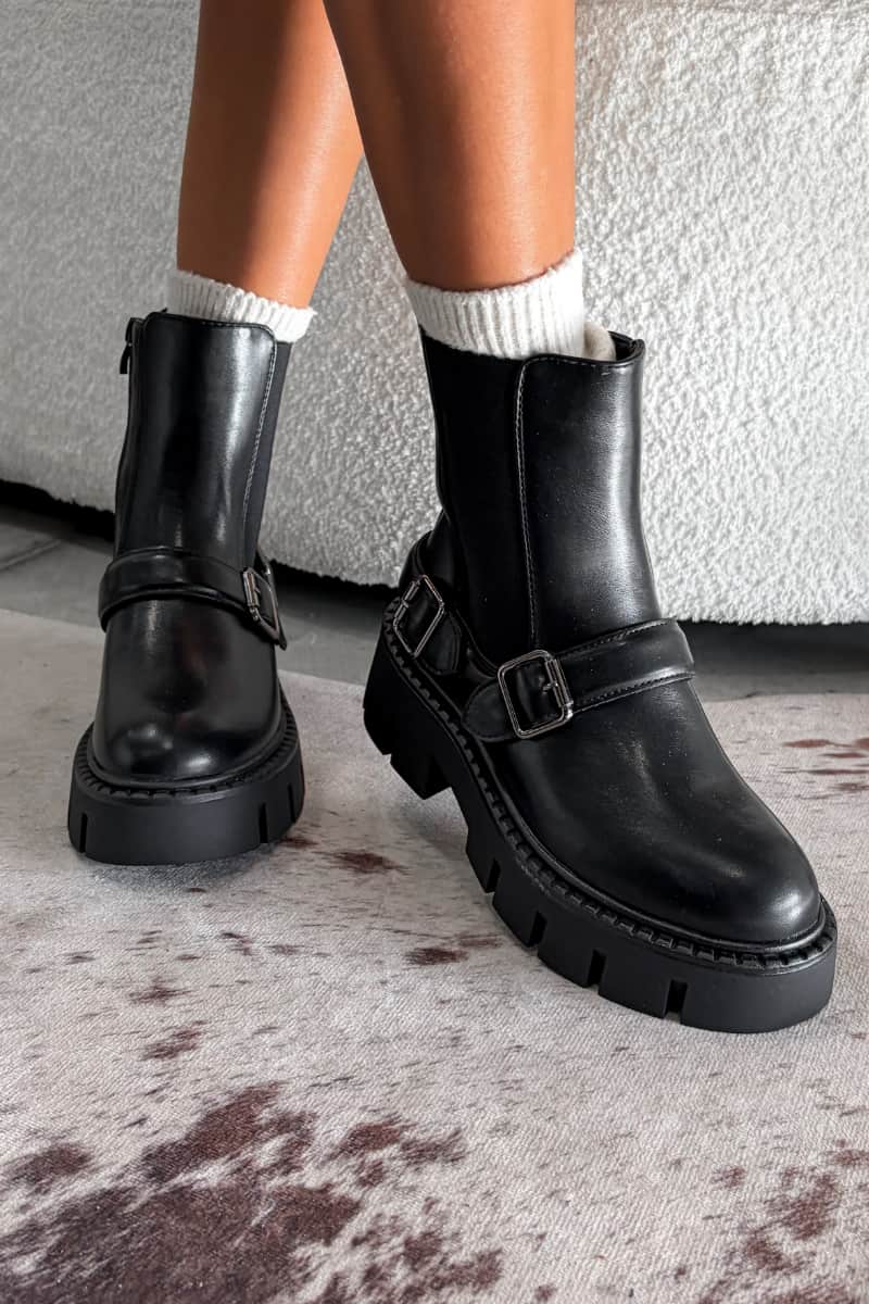 ESMAE Chunky Buckle Biker Boots - Black -3