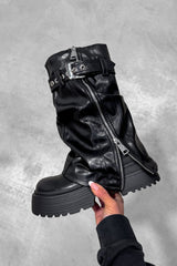 FIERCE Flared Calf Chunky Zip Boots - Black PU