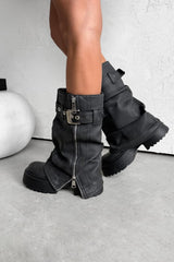 FIERCE Flared Calf Chunky Zip Boots - Washed Black - 1