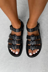 FORCE Chunky Gladiator Eyelet Sandals - Black PU - 2