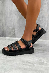 FORCE Chunky Gladiator Eyelet Sandals - Black PU - 3