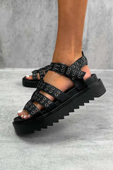 FORCE Chunky Gladiator Eyelet Sandals - Black PU