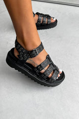 FORCE Chunky Gladiator Eyelet Sandals - Black PU - 1