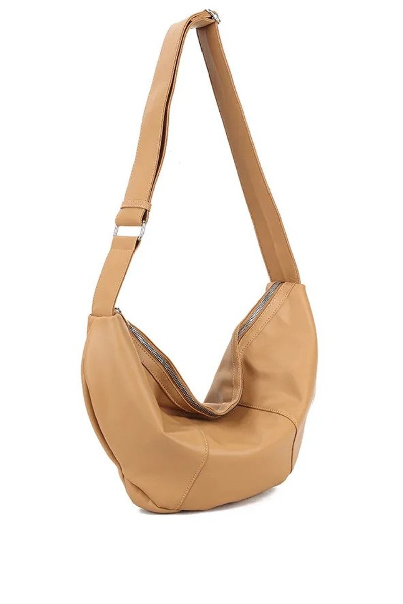 Faux Leather Curved Bag - Tan - 1