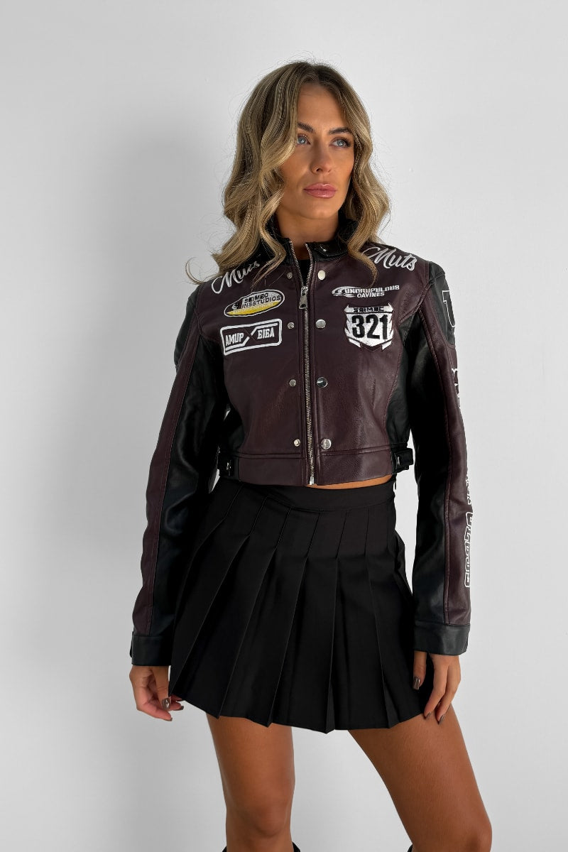 Faux Leather Racing Jacket - Brown - 2