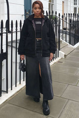 Front Pocket Teddy Shearling Jacket - Black - 1