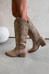 GABRIELLE Studded Cowboy Western Boots - Taupe - 5
