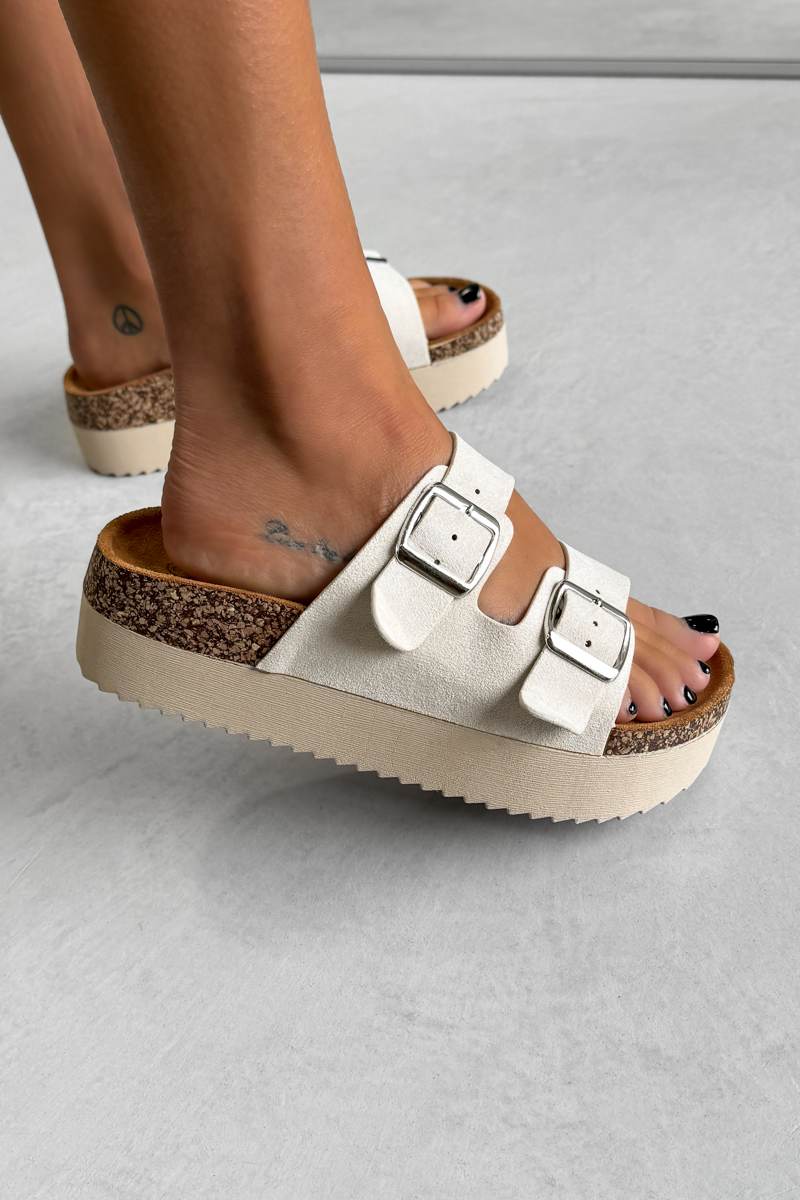 GEM Buckle Strap Flatform Slider Sandals Beige – AJ VOYAGE