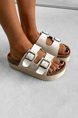 GEM Buckle Strap Flatform Slider Sandals - Beige  2
