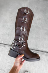GEORGIA Chunky Buckle Biker Boots - Brown
