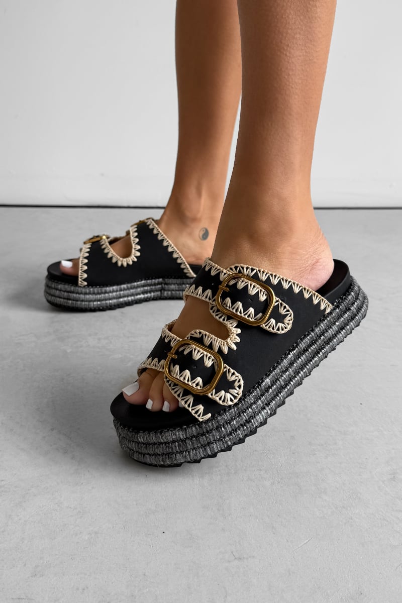 GEORGIA Chunky Embroidered Espadrille Buckle Sandals - Black - 5