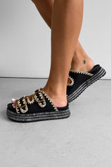 GEORGIA Chunky Embroidered Espadrille Buckle Sandals - Black - 4