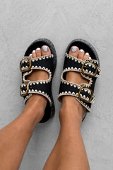 GEORGIA Chunky Embroidered Espadrille Buckle Sandals - Black - 3