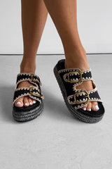 GEORGIA Chunky Embroidered Espadrille Buckle Sandals - Black - 1