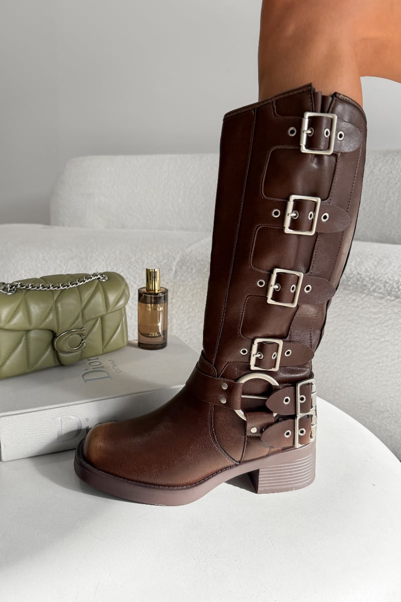 4/5 GEORGIA Chunky Buckle Biker Boots - Brown - 4