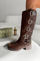 4/5 GEORGIA Chunky Buckle Biker Boots - Brown - 4