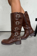 GEORGIA Chunky Buckle Biker Boots - Brown - 3